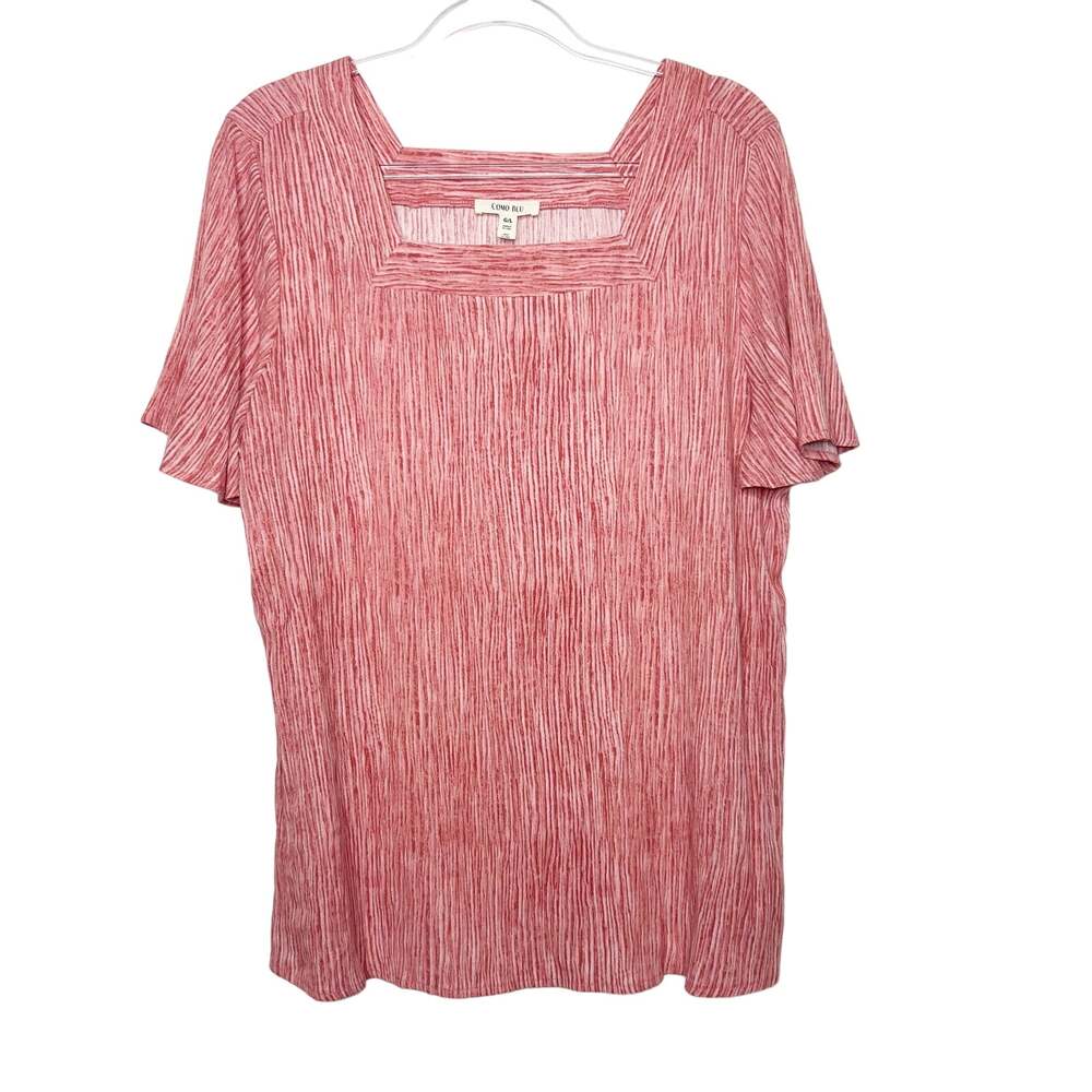 COMO BLU Ruffle Short Sleeve Blouse Square Neck Lightweight Pink Stripe Size L